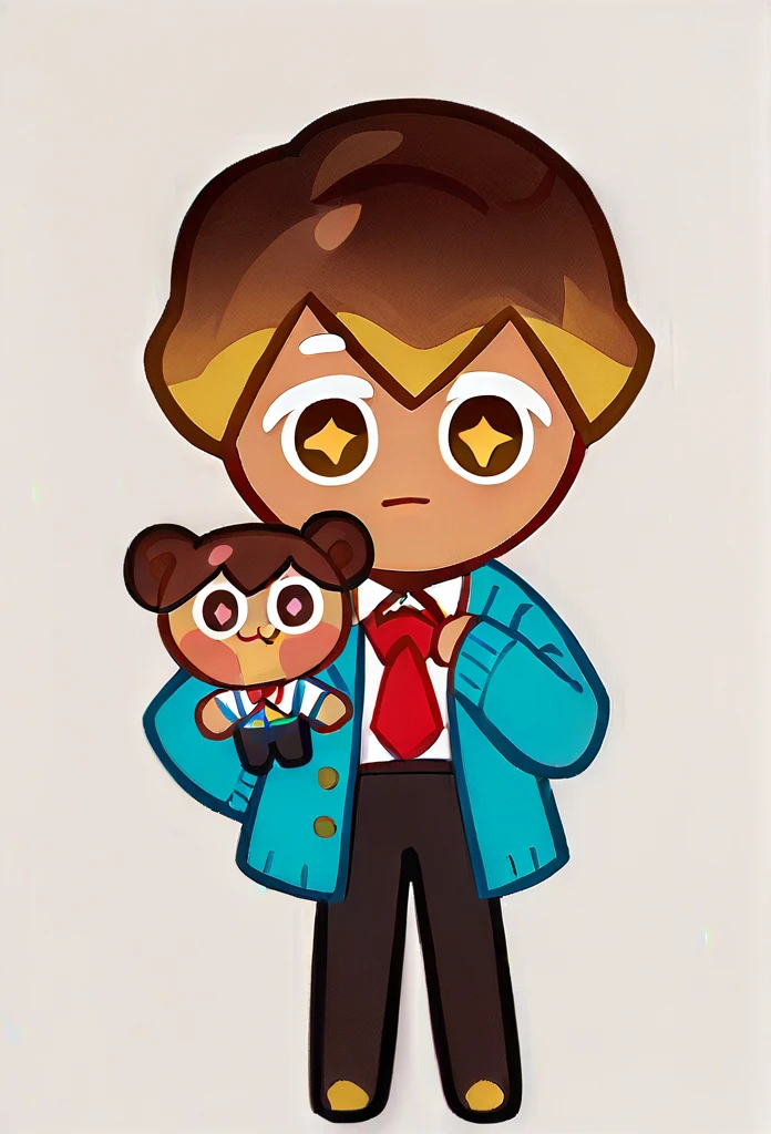 chibi, full body, CookieRun, 1 boy, brown eyes, cute eyes, yellow star pupils, :3, short hair, brown hair, blue cardigan, white shirt, red tie, black trousers