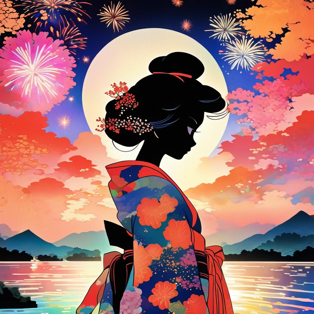 Microphotography, Anime girl made of glass in kimono silhouette, vibrant rainbow river, fireworks in night sky, colorful coral reefs, detailed illustration, Ukiyo-e style --ar 3:4 --style raw --stylize 1000 --niji 6