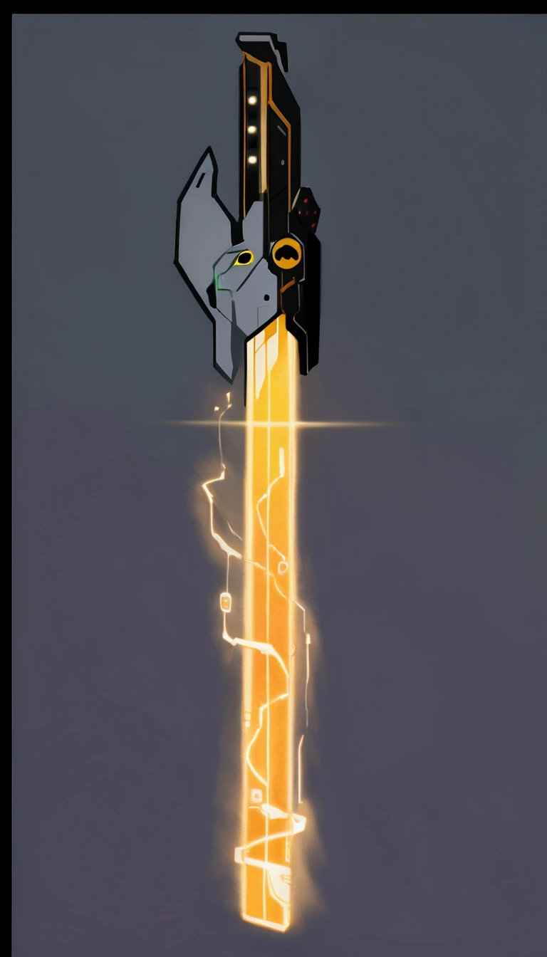 Inspired by Valorant's Sonic Blade, the design resembles a lightsaber, with the entire blade composed of LED lights that are enveloped in a visual representation of sound waves. The hilt, akin to a remote control, features buttons and stickers, enhancing its high-tech appearance,This image appears to be a digital illustration of a futuristic weapon, possibly a laser sword or lightsaber. The sword has a black handle with various stickers and markings on it, including the letters "WTF" and a yellow smiley face. The blade of the sword is a bright yellow color and seems to be glowing, giving off a sense of power and energy. The background of the image is a plain gray color, which helps to highlight the sword and make it stand out. Overall, the image gives a sense of science fiction and fantasy, suggesting a world beyond our own where such weapons might exist.Content generated by AI Try to design different styles of weapon images