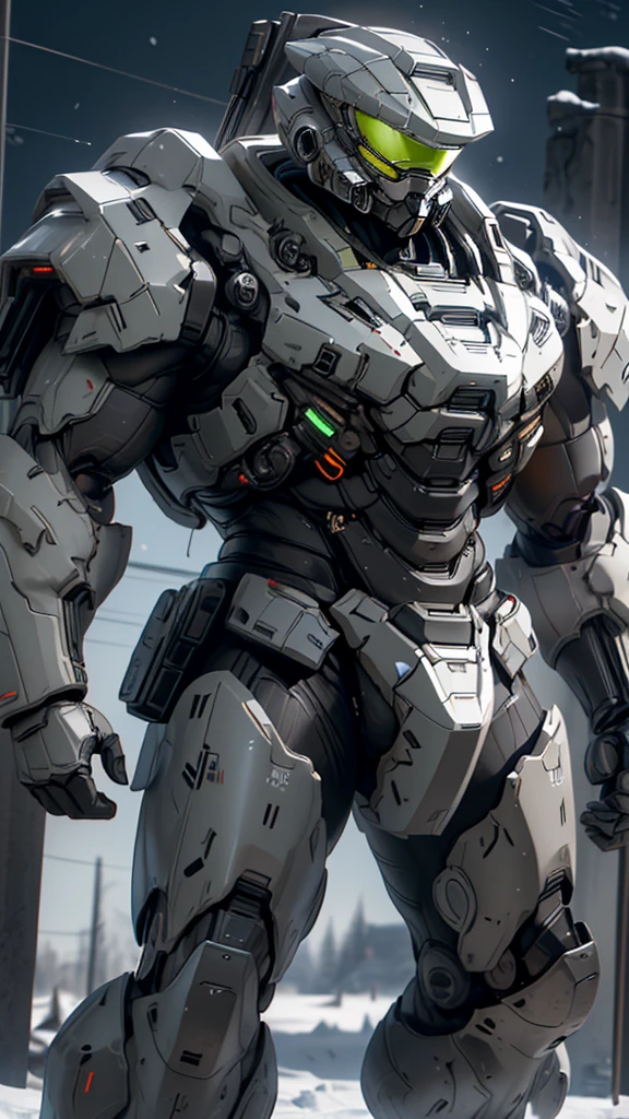 (high quality, 4K, high dynamic range) ， (masterpiece, Ultra-realistic professional lighting,，Ultra-thin 8K，1 person，Full body gray benzene heavy armor suit，Detailed Master Chief helmet，male，Snow is falling all around，ruins，End of the World，Upper Body