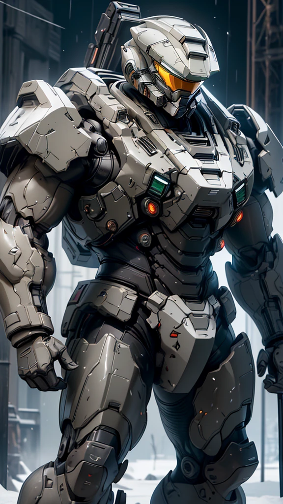 (high quality, 4K, high dynamic range) ， (masterpiece, Ultra-realistic professional lighting,，Ultra-thin 8K，1 person，Full body gray benzene heavy armor suit，Detailed Master Chief helmet，male，Snow is falling all around，ruins，End of the World，Upper Body