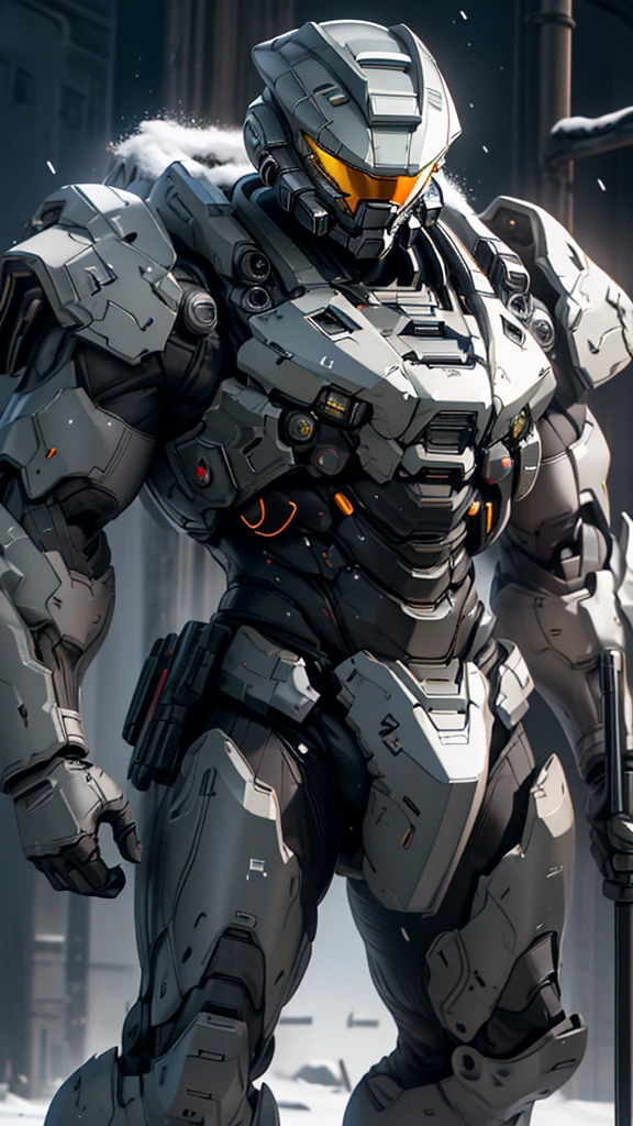 (high quality, 4K, high dynamic range) ， (masterpiece, Ultra-realistic professional lighting,，Ultra-thin 8K，1 person，Full body gray benzene heavy armor suit，Detailed Master Chief helmet，male，Snow is falling all around，ruins，End of the World，Upper Body