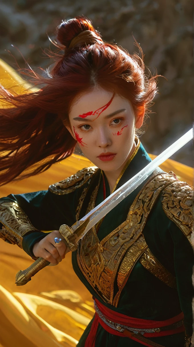 ultra high resolution,(((masterpiece))),(((best quality))),((super detailed)),((extremely delicate and beautiful)),cinematic light,detailed environment,(real),half body shot,(1girl, solo, female focus:1.3),(holding sword:1.2), perfect straight sword, (dark red and light gold:1.3),(hair pulled back, floating hair:1.1),designed by greg manchess,smoke,a model woman,bright eyes,glossy lips,futuristic gold face war paint,trending on art station,photoreal,8 k,octane render by greg rutkowski,art by Carne Griffiths and Wadim Kashin,in the style of Dau-al-Set,Pollock,and inspired by MAPPA and Zdzislaw Beksinski,hanfu,