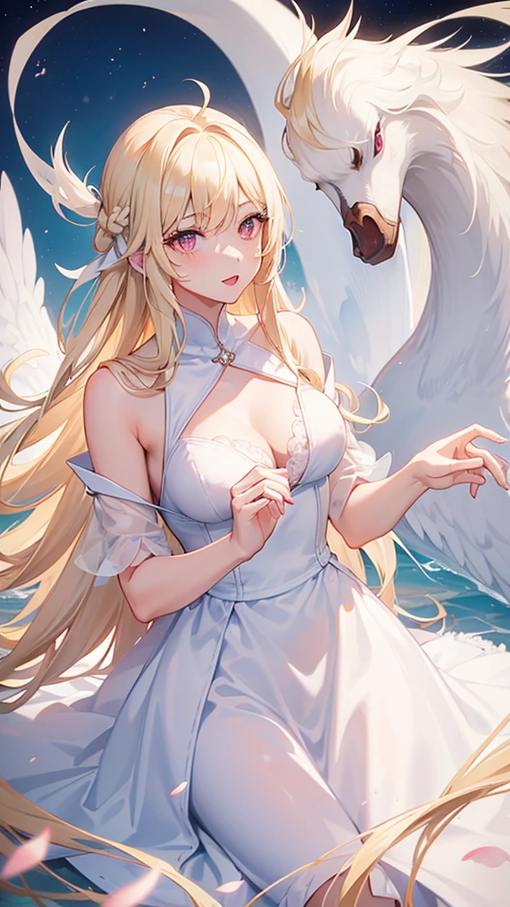 (((Adult woman))), pink eyes, (long blonde hair), white swan dress