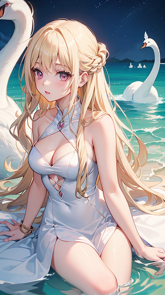 (((Adult woman))), pink eyes, (long blonde hair), white swan dress