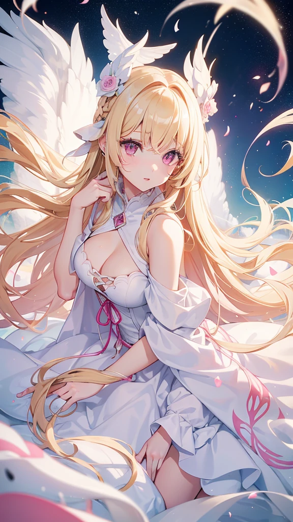(((Adult woman))), pink eyes, (long blonde hair), white swan dress