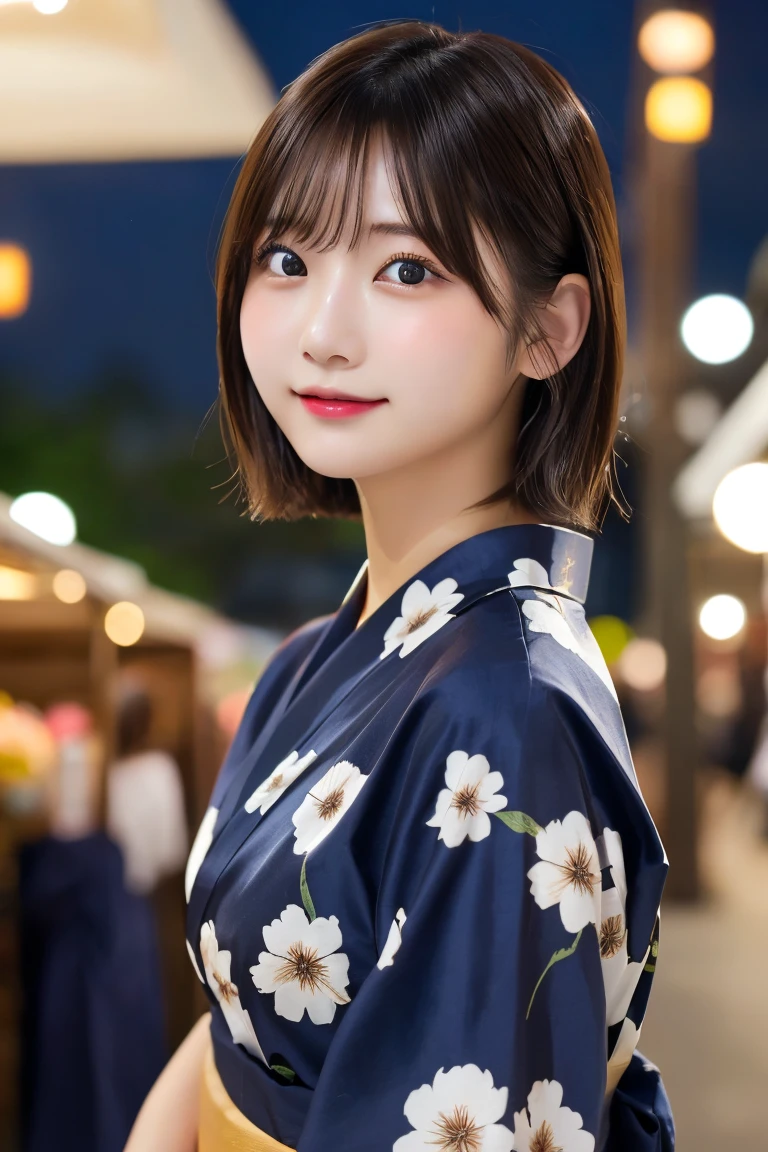 Highest quality、（beautiful）、Precision Eyes、Fine skin、Brown eyes、24-year-old female、Brown Hair、looking at the camera、Semi-short hair、Gal、Open yukata、night、festival、stall、