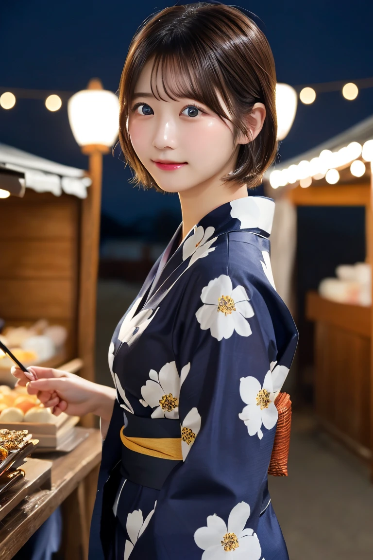 Highest quality、(beautiful)、Precision Eyes、Fine skin、Brown eyes、24-year-old female、Brown Hair、looking at the camera、Semi-short hair、Gal、Open yukata、night、festival、stall、