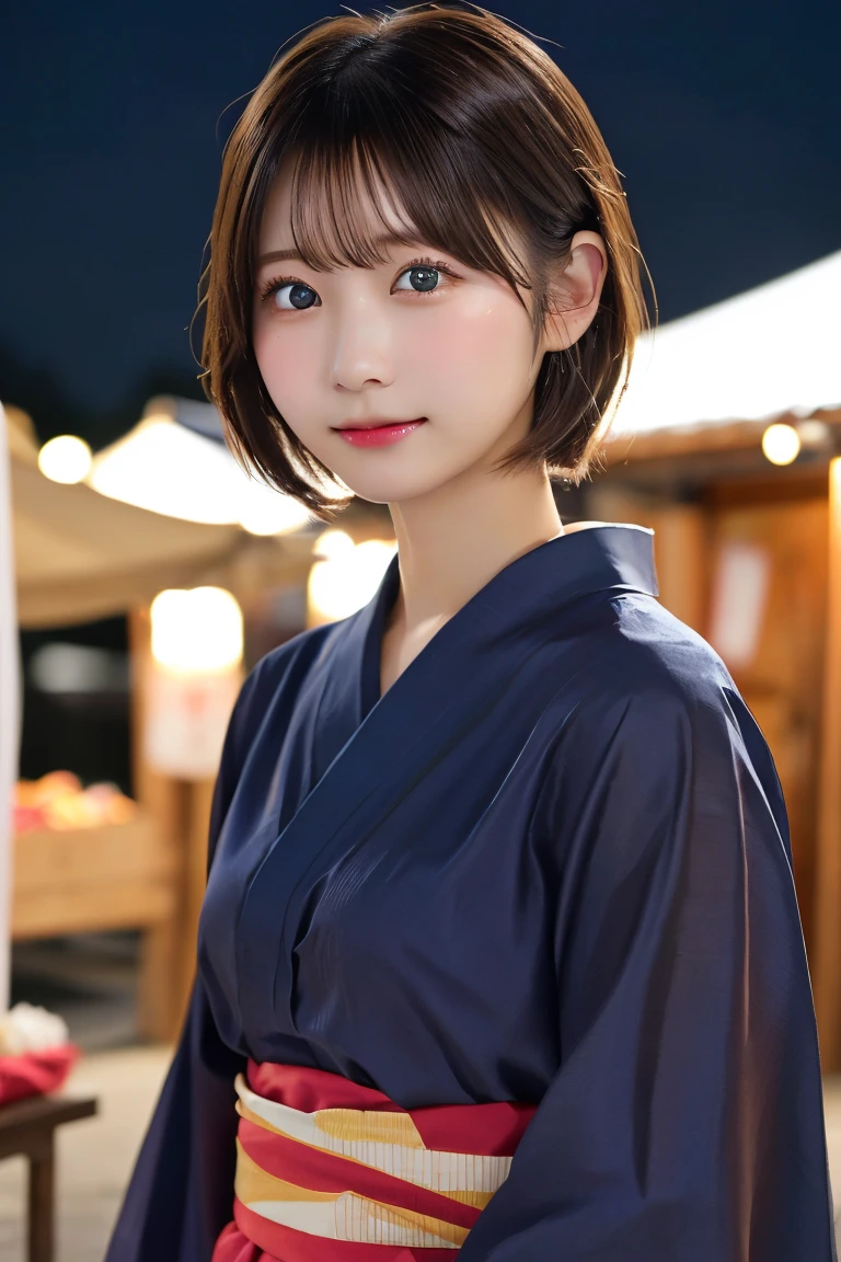 Highest quality、(beautiful)、Precision Eyes、Fine skin、Brown eyes、24-year-old female、Brown Hair、looking at the camera、Semi-short hair、Gal、Open yukata、night、festival、stall、
