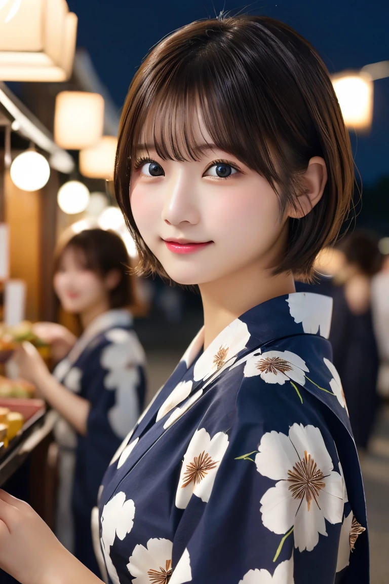 Highest quality、(beautiful)、Precision Eyes、Fine skin、Brown eyes、24-year-old female、Brown Hair、looking at the camera、Semi-short hair、Gal、Open yukata、night、festival、stall、
