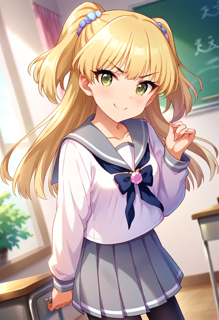 score_9, score_8_up, score_7_up, source_anime BREAK pinup of 1girl, jgskrk, long hair, blonde hair, twintails, v-shaped eyebrows, green eyes, blush, closed mouth, smile, collarbone, small breasts, grey sailor uniform, long sleeves, light black sailor collar, light black bow, light black pleated skirt, black pantyhose, looking at viewer, solo, indoors, standing, school desk, dark white wall, chalkboard, glass windows, tree, day, dutch angle,
