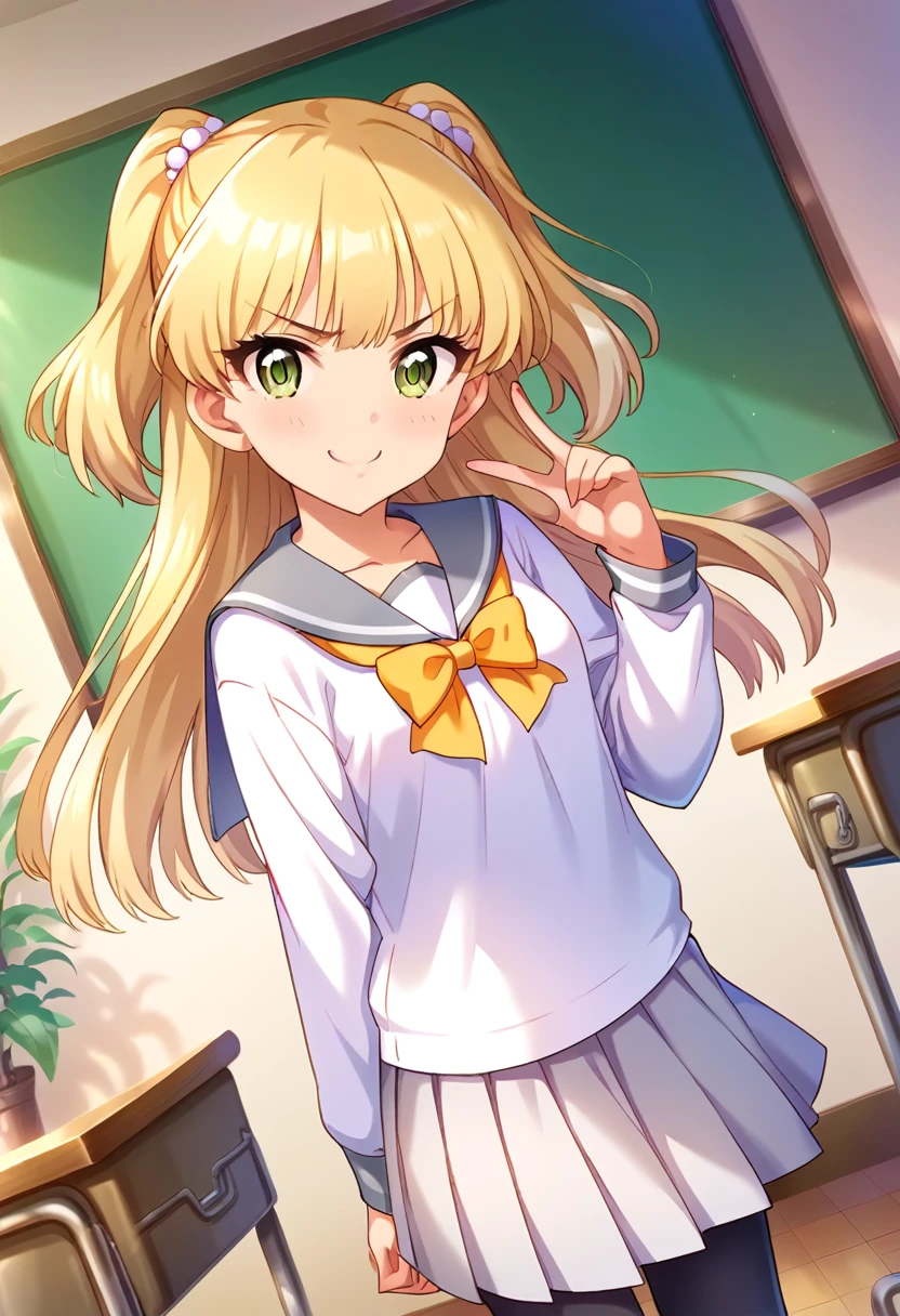 score_9, score_8_up, score_7_up, source_anime BREAK pinup of 1girl, jgskrk, long hair, blonde hair, twintails, v-shaped eyebrows, green eyes, blush, closed mouth, smile, collarbone, small breasts, grey sailor uniform, long sleeves, light black sailor collar, light black bow, light black pleated skirt, black pantyhose, looking at viewer, solo, indoors, standing, school desk, dark white wall, chalkboard, glass windows, tree, day, dutch angle,
