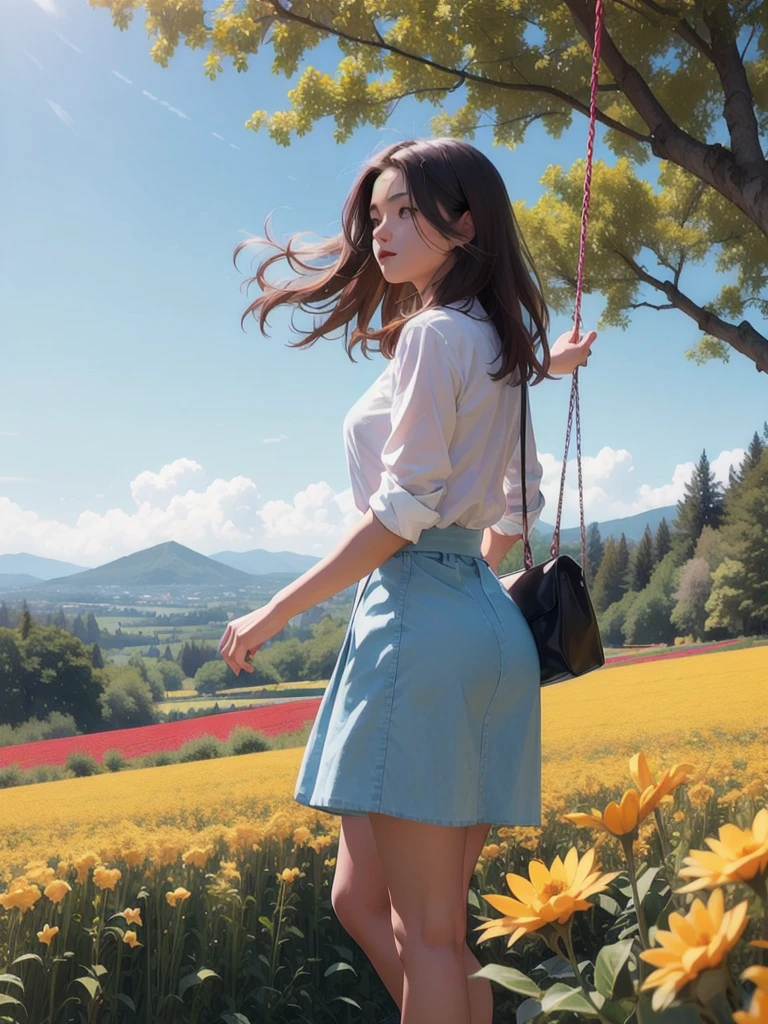 1girl, dynamic angle, cloud and mountain, (flower field:1.4) in the foreground, pale blue skirt and loose cotton blouse, light tracing, (floating colorful wind:1) (photorealistic:1.4), official art, unity 8k wallpaper, ultra detailed, beautiful and aesthetic, masterpiece,best quality, glowing skin, cinematic lighting, intense gaze reverie, rule of third, big old tree in the background with a swing,