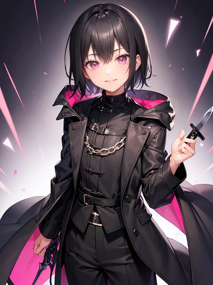 Short black hair、Beautiful pink eyes、Shota、male:1.5、solo、jet black duffle coat、Black clothing、Wicked Smile、Black trousers、knife