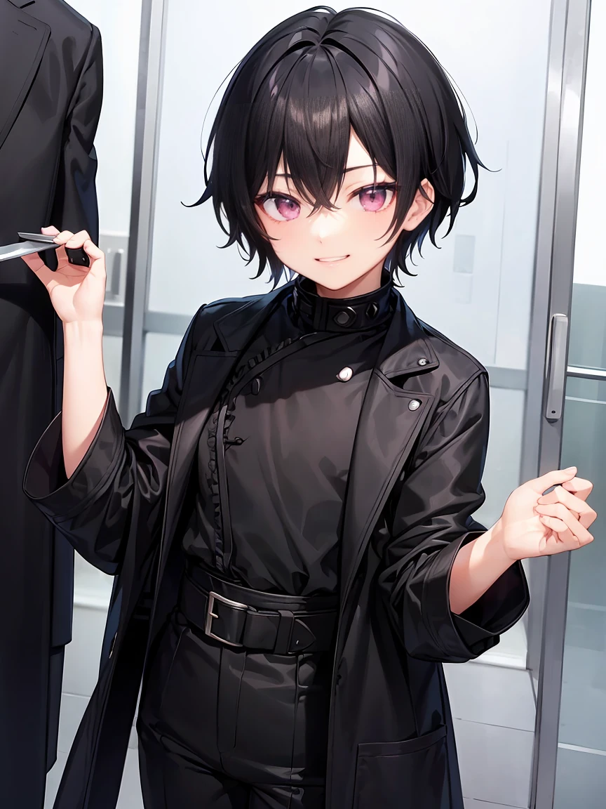 Short black hair、Beautiful pink eyes、Shota、male:1.5、solo、jet black duffle coat、Black clothing、Wicked Smile、Black trousers、knife