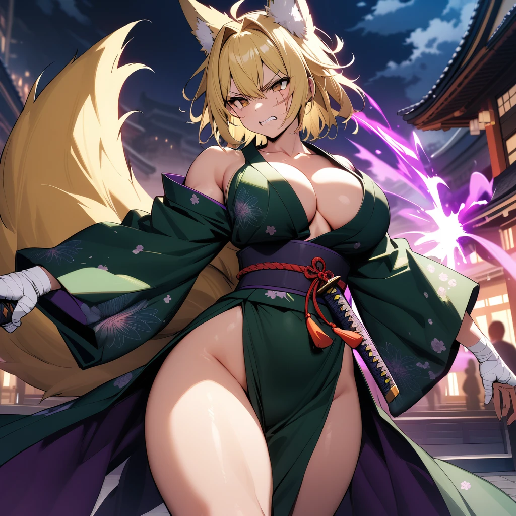 (masterpiece),(best quality),(ultra-detailed),(very aesthetic),nsfw,BREAK,solo,1girl,30 years old,curvy,large breasts,tall,stout build,(toned:0.7),bewitching,(fox tail),blonde fox ears,short hair,blonde hair,beautiful face,(brown eyes),(messy hair),disheveled hair,hair intakes,(fusion of dark green gradient flower print kimono and pelvic curtain:1.2),(loose chest:0.5),clenching teeth,serious,sentimental emotion,incoming attack,assaulting,katana,slahing the katana down at high speed,The trajectory of the katana as it was swung down glows purple aura,tabi,bandaged hand,(japanese shrin,plaza),(scar on cheek,scar on breasts:1.2),cowboy shot