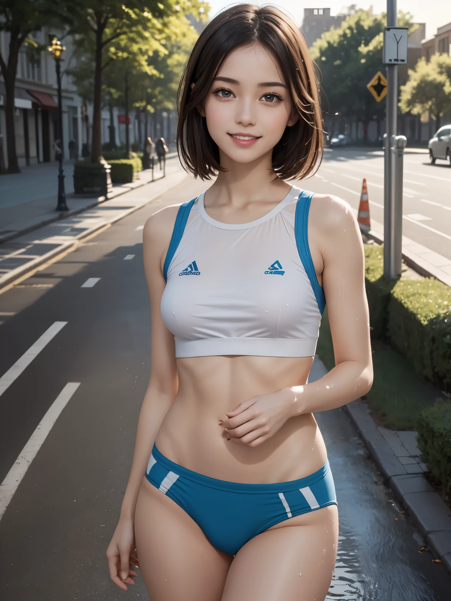 (masterpiece), highly realistic, Seductive smiles at the viewer, Beautiful female student wearing white Training wear with blue lines on it which is wet and shows through her skin, small light blue bloomers, camel toe, Short hair and pale skin, (An empty side street in the park), close hand, not nsfw, (perfect anatomy), 8k Resolution, wonder full, elegant, hyperrealism, approaching perfection, dynamic, highly detailed, smooth, ultra high definition, Alchemy Smooth Upscaled Image ,HD resolution, high quality boost, contrast boost, professional alchemy,