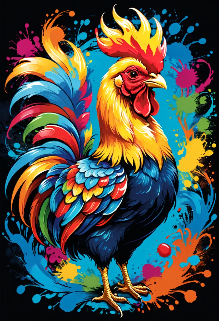 A t-shirt with vector art of a colorful illustration with the barcelos rooster, At the center, swirly vibrant colors, paint splashes and smears, high détail,Hawaii Background
(work of art, best qualityer, proffesional, perfect composition, very aesthetic, absurdrez, super verbose, details Intricate:1.3)