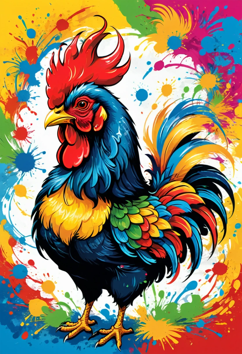 A t-shirt with vector art of a colorful illustration with the barcelos rooster, At the center, swirly vibrant colors, paint splashes and smears, high détail,Hawaii Background
(work of art, best qualityer, proffesional, perfect composition, very aesthetic, absurdrez, super verbose, details Intricate:1.3)