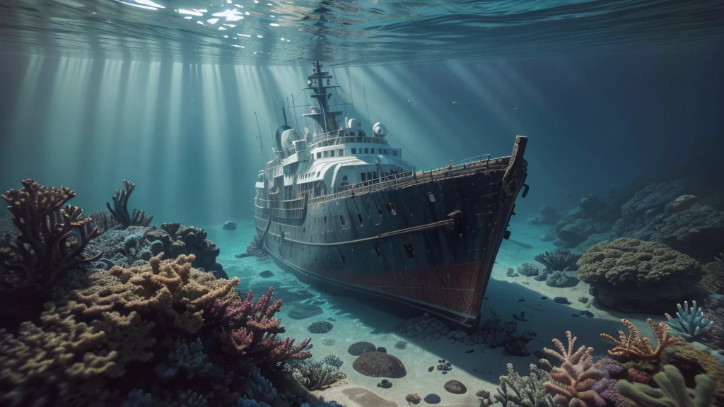 ((top-notch quality)), ((masterwork)), ((true-to-life)), sunken ship, resting on ocean floor, underwater scene, deep sea, filtered sunlight, photorealistic, digital artwork, nature, marine, blue, turquoise, muted tones, rusty, high-quality, ultra-realistic rendering, 8K resolution, at eye level, picturesque, masterwork