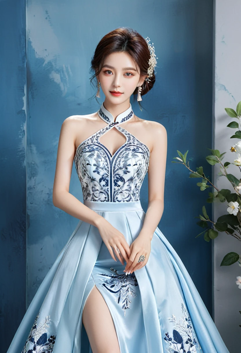 Realistic photo style, whole body 사진에 아름다운 아시아 소녀가 등장합니다., Wearing a unique ethnic style evening gown with delicate skin., bright and lively eyes, Thick eyelashes that look especially attractive. Long dresses are slim and elegant., Eye-catching silver jewelry and alcohol. The high-collar design adds an elegant atmosphere., Color of blue and white porcelain. using light and shadow, The vivid and harmonious appearance of the protagonist is highlighted... whole body, (masterpiece, best quality, professional, perfect composition, very aesthetic, absurd, very detailed, intricate details:1.3)
