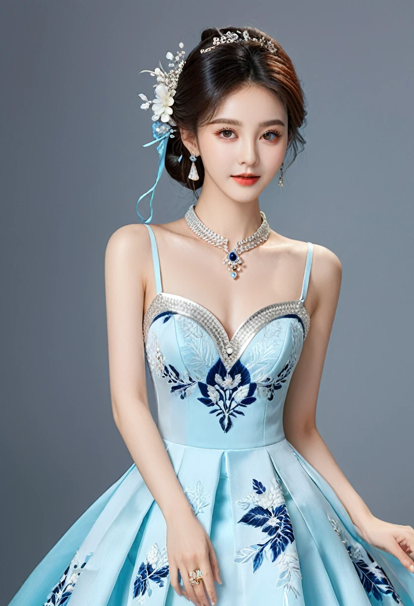 Realistic photo style, whole body 사진에 아름다운 아시아 소녀가 등장합니다., Wearing a unique ethnic style evening gown with delicate skin., bright and lively eyes, Thick eyelashes that look especially attractive. Long dresses are slim and elegant., Eye-catching silver jewelry and alcohol. The high-collar design adds an elegant atmosphere., Color of blue and white porcelain. using light and shadow, The vivid and harmonious appearance of the protagonist is highlighted... whole body, (masterpiece, best quality, professional, perfect composition, very aesthetic, absurd, very detailed, intricate details:1.3)
