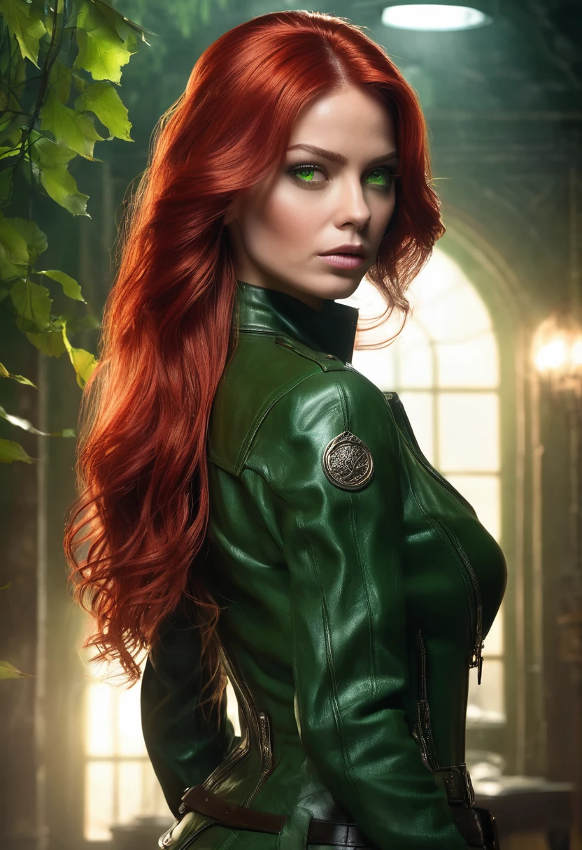 1 woman, inside a secret room, wearing a fine leather spy outfit in leaf green, detailed facial features, green female eyes, detailed light skin, long red hair loose, strong expression and serious and dramatic lighting, cold cinematic composition , atmospheric fog, beautiful face, thin chin, beautiful woman, feminine and beautiful, 25 years old (best quality, 4K, 8K, high resolution, art: 1.2), ultra-detailed, (realistic, photorealistic, photorealistic: 1.37)