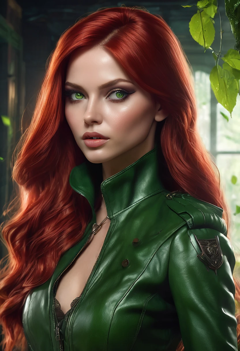 1 woman, inside a secret room, wearing a fine leather spy outfit in leaf green, detailed facial features, green female eyes, detailed light skin, long red hair loose, strong expression and serious and dramatic lighting, cold cinematic composition , atmospheric fog, beautiful face, thin chin, beautiful woman, feminine and beautiful, 25 years old (best quality, 4K, 8K, high resolution, art: 1.2), ultra-detailed, (realistic, photorealistic, photorealistic: 1.37)