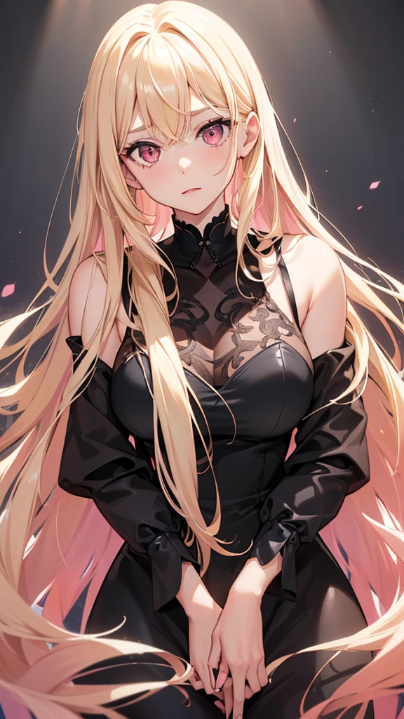 (((Adult woman))), pink eyes, (long blonde hair), black swan dress