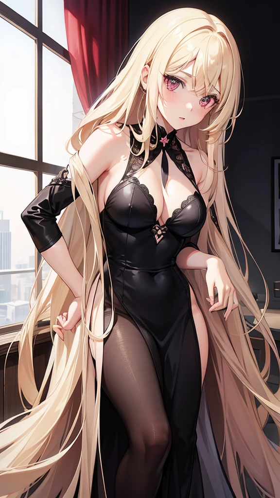 (((Adult woman))), pink eyes, (long blonde hair), black swan dress