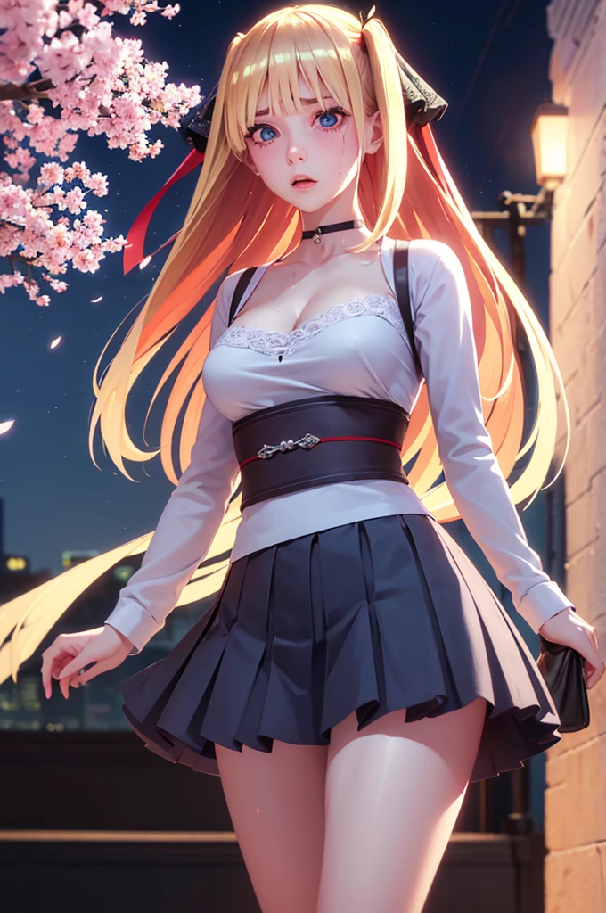 One girl,masterpiece,Highest quality,Blonde,stockings,Checked skirt),Short skirt JK,,Are standing,In total length,Medium chest,Very detailed,[[Realistic]],Beautiful and attractive anime ,Enchanting anime girl,Swinging skirt,blue eyes, hair ornaments, Hair Ribbon,Show your forehead、Twin tails、Random color school girl uniform、Emphasize cleavage、Lace choker, short hair,,No bra,,Very detailed肌, Very detailed顔, (Beautiful Fine Eyes, the girl, Red cheeks) ,The girl has a toned figure., Intricate details,Closely、Embarrassed expression、blush、Shining Sweat、Perfect Skin,Sweat is noticeable in the cleavage、、Sweating on thighs is noticeable、 Fair skin,Tight waist, Sweating profusely、Sweaty hair、Sweaty clothes、Sweaty、Visible sweat、Sweat-soaked hair、Athlete System、Cherry blossoms fluttering down、Silver Hair、Night cityscape。Reflection of light、moonlight