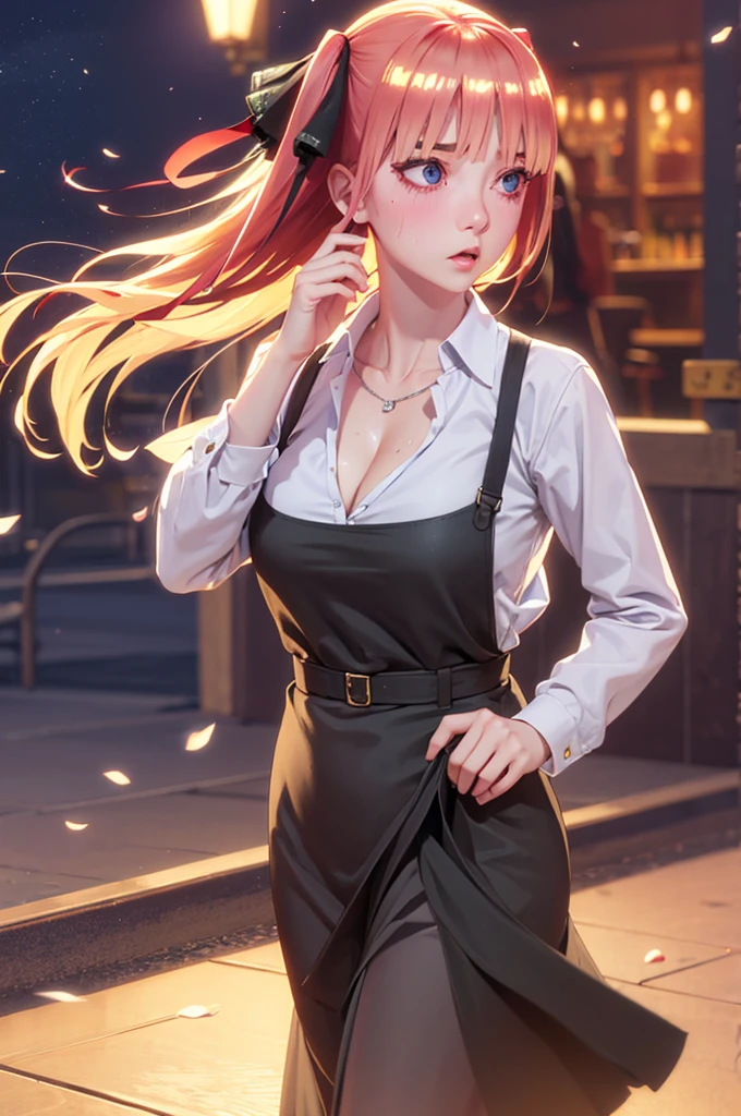 One girl,masterpiece,Highest quality,Blonde,stockings,Checked skirt),Short skirt JK,,Are standing,In total length,Medium chest,Very detailed,[[Realistic]],Beautiful and attractive anime ,Enchanting anime girl,Swinging skirt,blue eyes, hair ornaments, Hair Ribbon,Show your forehead、Twin tails、Random color school girl uniform、Emphasize cleavage、Lace choker, short hair,,No bra,,Very detailed肌, Very detailed顔, (Beautiful Fine Eyes, the girl, Red cheeks) ,The girl has a toned figure., Intricate details,Closely、Embarrassed expression、blush、Shining Sweat、Perfect Skin,Sweat is noticeable in the cleavage、、Sweating on thighs is noticeable、 Fair skin,Tight waist, Sweating profusely、Sweaty hair、Sweaty clothes、Sweaty、Visible sweat、Sweat-soaked hair、Athlete System、Cherry blossoms fluttering down、Silver Hair、Night cityscape。Reflection of light、moonlight