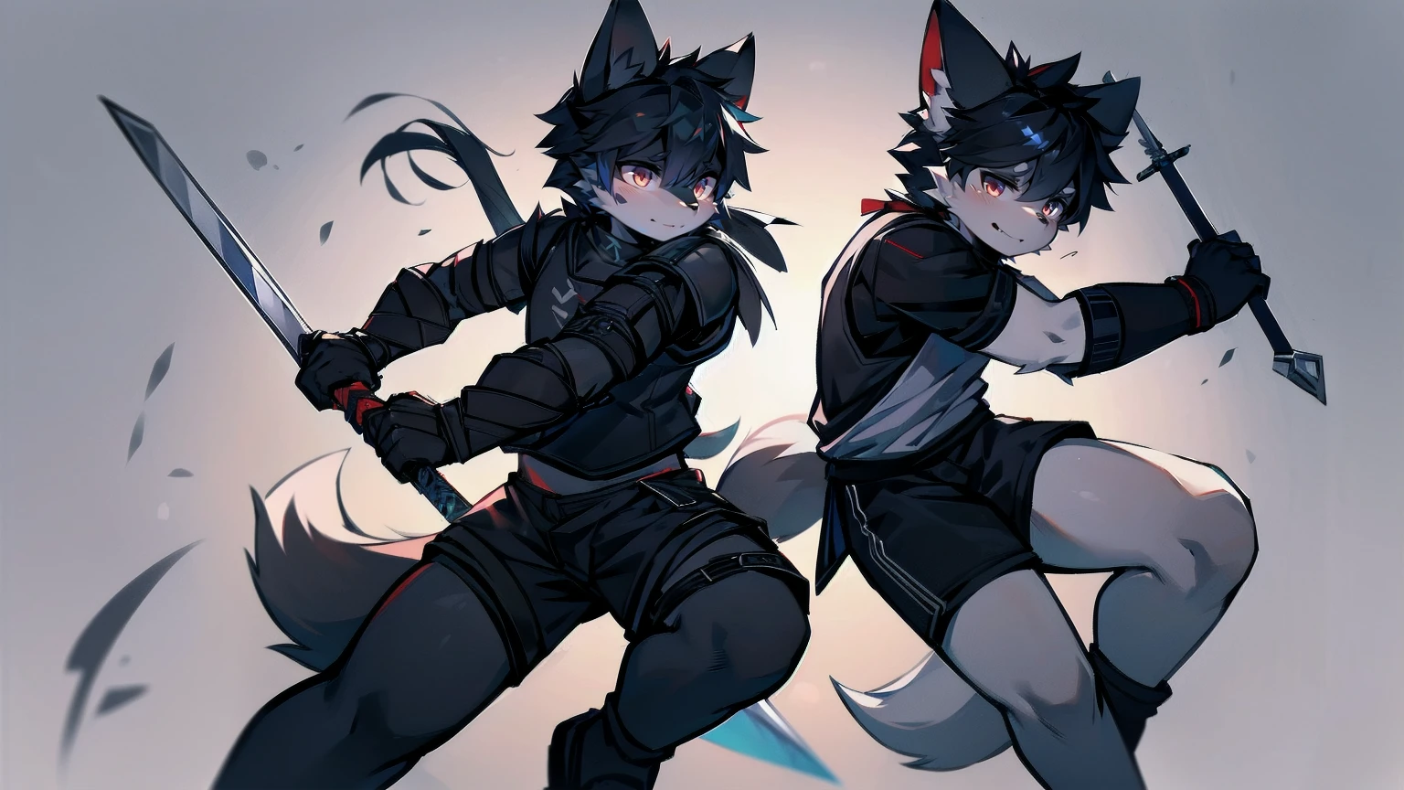 White Wolf,black hair,Red eyes,Wolf ears,Wolf Tail,juvenile,male,hairy,Hair,Half body armor,Combat uniform,Silver and black clothing,Handsome,Handsome,shorts,The forearm is exposed,leg,Fighting Stance,Duel,Two people,Anxious,Armed with a sword,Simple background,Swords