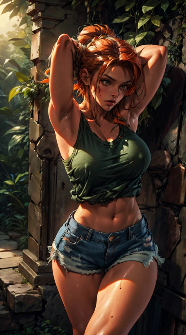 HIGHLY DETAILED, 16K HI-RES, insanely detailed image, cinematic, best quality, masterpiece, realistic, detailed face, detailed background, dramatic lighting, Name of One Piece is a fierce, orange hair, sexy Tomb Raider with sun-kissed skin, in a provocatively cut camouflage body-hugging black tank tops and ((micro shorts)) short jeans, huge breast, exploring the dense, lush Amazon jungle. The background is filled with towering trees, vines, and ancient ruins peeking through the greenery. She's in a magical "The Peacock" pose, legs crossed with her back arched and arms elegantly extended.
