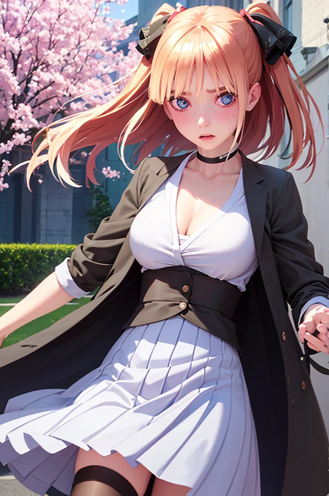 One girl,masterpiece,Highest quality,Blonde,stockings,Checked skirt),Short skirt JK,,Are standing,In total length,Medium chest,Very detailed,[[Realistic]],Beautiful and attractive anime teen,Enchanting anime girl,Swinging skirt,blue eyes, hair ornaments, Hair Ribbon,Show your forehead、Twin tails、Random color school girl uniform、Lace choker, short hair,,No bra,,Very detailed肌, Very detailed顔, (Beautiful Fine Eyes, the girl, Red cheeks) ,The girl has a toned figure., Intricate details,Closely、Embarrassed expression、blush、Shining Sweat、Perfect Skin,Sweat is noticeable in the cleavage、、Sweating on thighs is noticeable、 Fair skin,Tight waist, Sweating profusely、Sweaty hair、Sweaty clothes、Sweaty、Visible sweat、Sweat-soaked hair、Athlete System、Cherry blossoms fluttering down、Silver Hair、Night cityscape。Reflection of light、moonlight