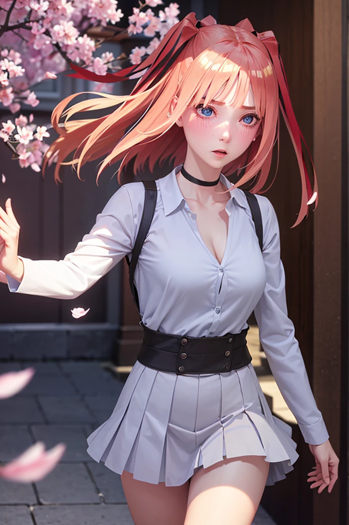 One girl,masterpiece,Highest quality,Blonde,stockings,Checked skirt),Short skirt JK,,Are standing,In total length,Medium chest,Very detailed,[[Realistic]],Beautiful and attractive anime teen,Enchanting anime girl,Swinging skirt,blue eyes, hair ornaments, Hair Ribbon,Show your forehead、Twin tails、Random color school girl uniform、Lace choker, short hair,,No bra,,Very detailed肌, Very detailed顔, (Beautiful Fine Eyes, the girl, Red cheeks) ,The girl has a toned figure., Intricate details,Closely、Embarrassed expression、blush、Shining Sweat、Perfect Skin,Sweat is noticeable in the cleavage、、Sweating on thighs is noticeable、 Fair skin,Tight waist, Sweating profusely、Sweaty hair、Sweaty clothes、Sweaty、Visible sweat、Sweat-soaked hair、Athlete System、Cherry blossoms fluttering down、Silver Hair、Night cityscape。Reflection of light、moonlight