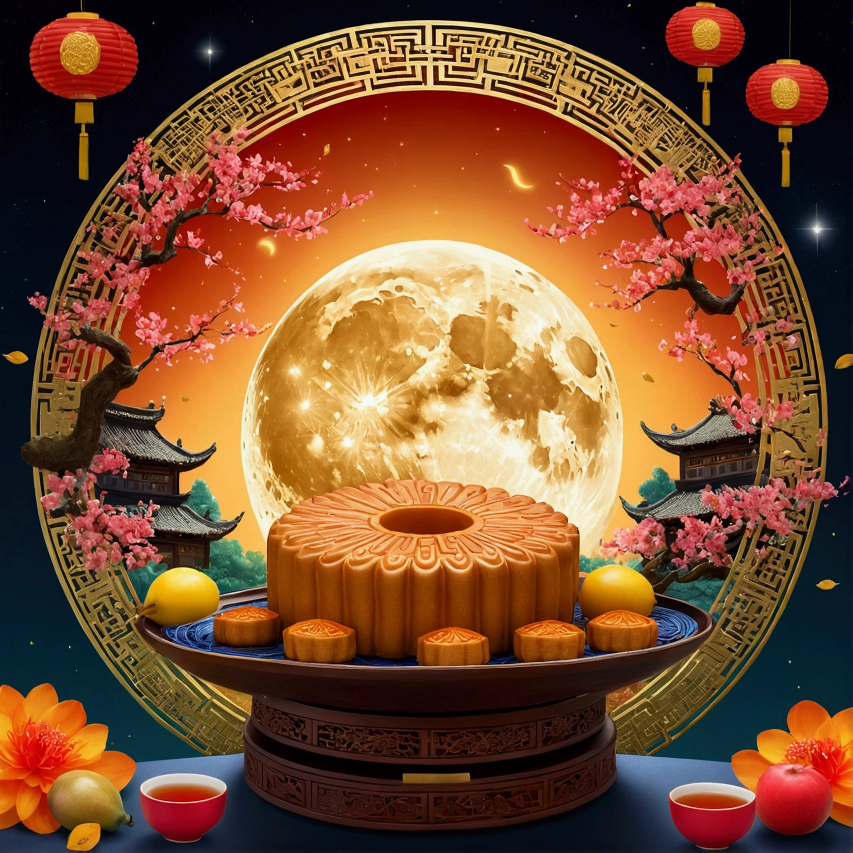 Mid-Autumn Festival, reunion, A round moon, the night, （Moon cake）, teas, the fruits, edgBunny, Chang'e rushes to the moon, symmetry, high detail, Romanticism, sparkle, god rays, ray tracing, UHD, retina, masterpiece, ccurate, super detail, high details, high quality, best quality, highres, 16k, anatomically correct