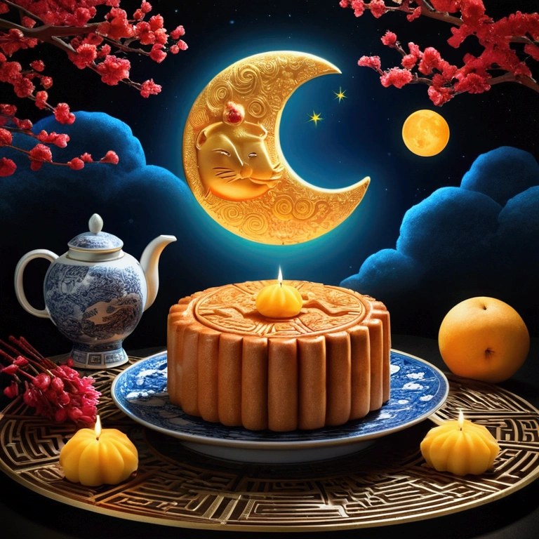 Mid-Autumn Festival, reunion, A round moon, the night, (Moon cake), teas, the fruits, edgBunny, Chang'e rushes to the moon, symmetry, high detail, Romanticism, sparkle, god rays, ray tracing, UHD, retina, masterpiece, ccurate, super detail, high details, high quality, best quality, highres, 16k, anatomically correct