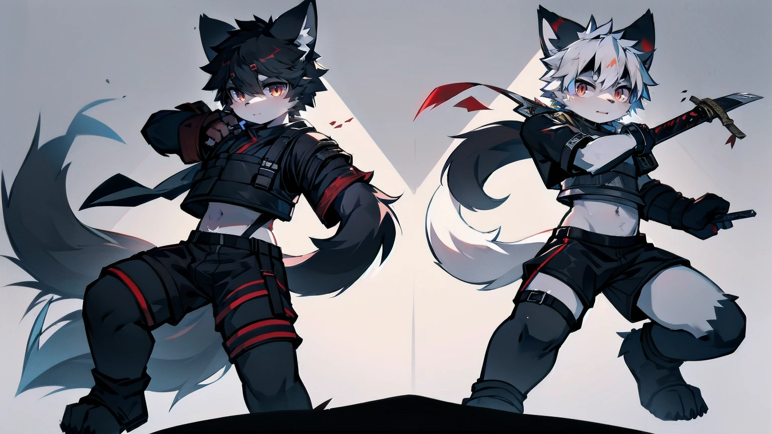 White Wolf,black hair,Red eyes,Wolf ears,Wolf Tail,juvenile,male,hairy,Hair,Half body armor,Combat uniform,Silver and black clothing,Handsome,Handsome,shorts,The forearm is exposed,leg,Fighting Stance,Duel,Two people,Anxious,Armed with a sword,Simple background,Swords