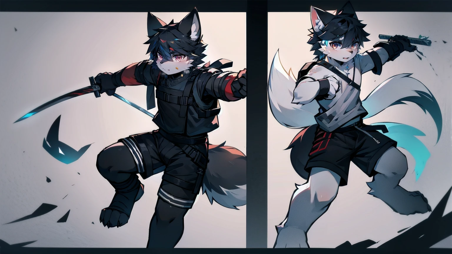 White Wolf,black hair,Red eyes,Wolf ears,Wolf Tail,juvenile,male,hairy,Hair,Half body armor,Combat uniform,Silver and black clothing,Handsome,Handsome,shorts,The forearm is exposed,leg,Fighting Stance,Duel,Two people,Anxious,Armed with a sword,Simple background,Swords