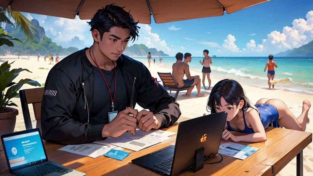 Cryptocurrency and Bitcoin Meet Up on the Beach in Thailand, people of different ages with computers loving crypto and blockchain