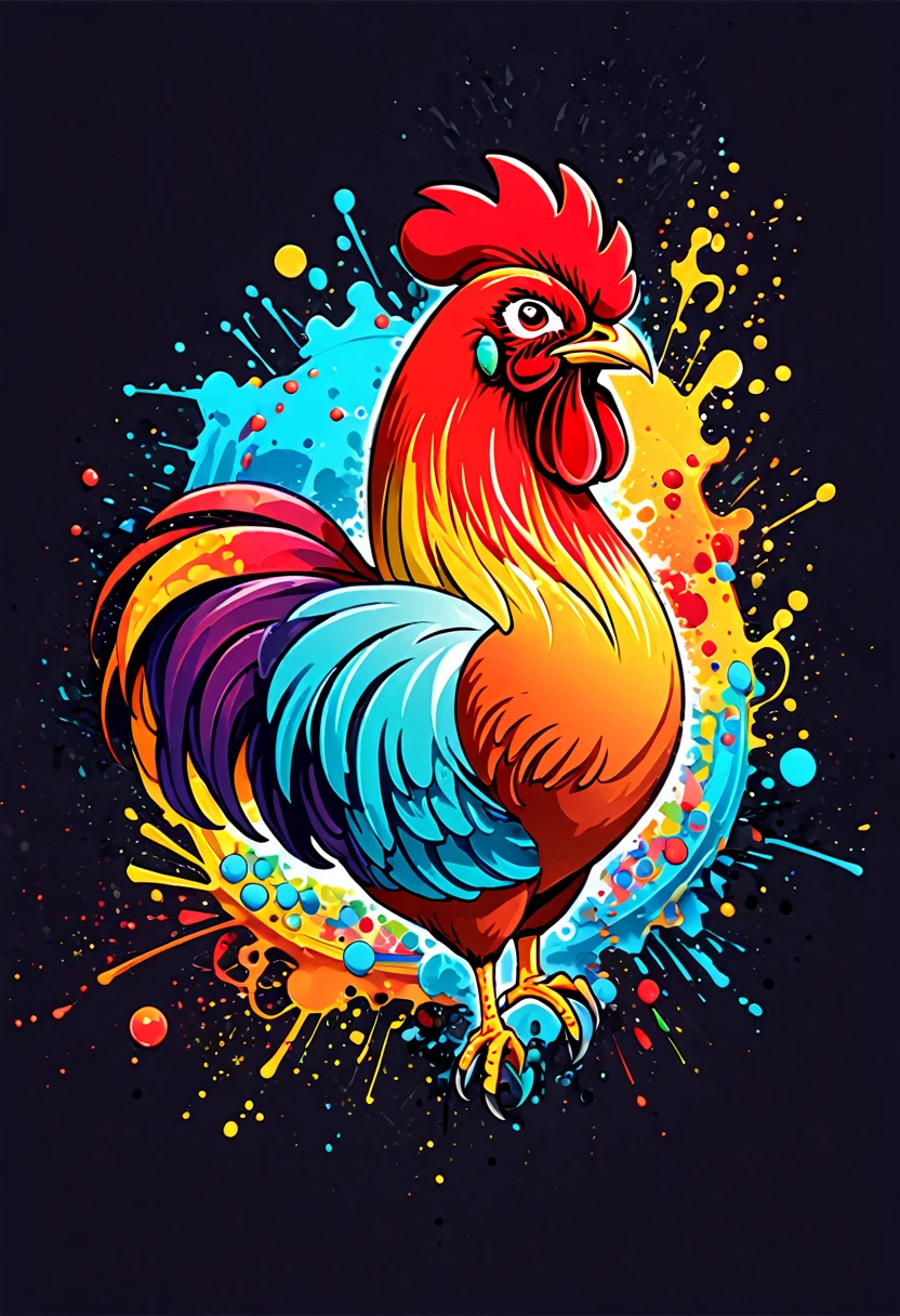 T-shirt designs, with vector art, Colorful illustration with barcelos rooster, At the center, swirly vibrant colors，graffiti art，ink spatter，UHD quality, details in 16k, Wild and unbridled，paint splash painting，rich and colorful，visual impact,modern aesthetic,Elegant and simple, t-shirt designs, hawaii island background