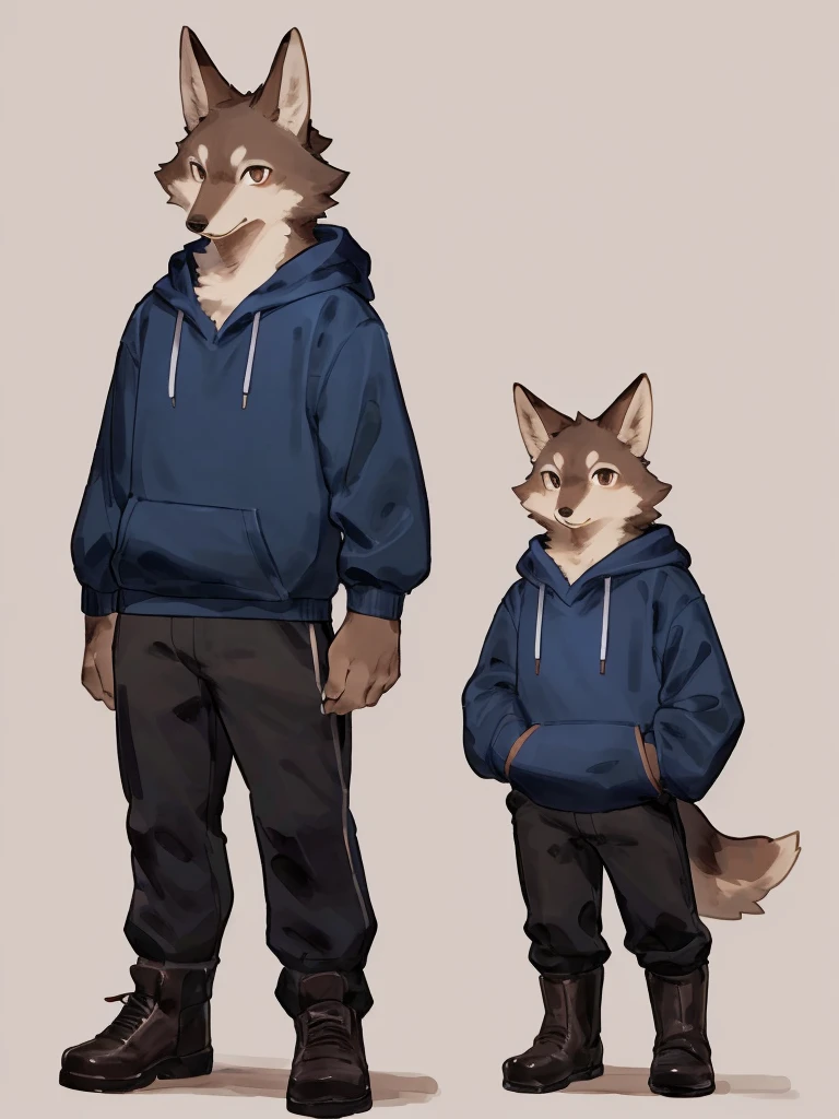 ((Best quality, masterpiece, detailed anatomy, detailed eyes, detailed hands, perfect lighting, perfect shading.)), by Buta99, by Bebebebebe, 1male, Wolf, brown furs, tight body, dark brown eyes, skinny chub body, young body, blue sleeveless hoodie, black pants, brown boots, at the white background