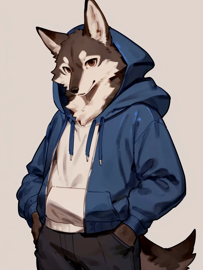 ((Best quality, masterpiece, detailed anatomy, detailed eyes, detailed hands, perfect lighting, perfect shading.)), by Buta99, by Bebebebebe, 1male, Wolf, brown furs, tight body, dark brown eyes, skinny chub body, young body, blue sleeveless hoodie, black pants, brown boots, at the white background