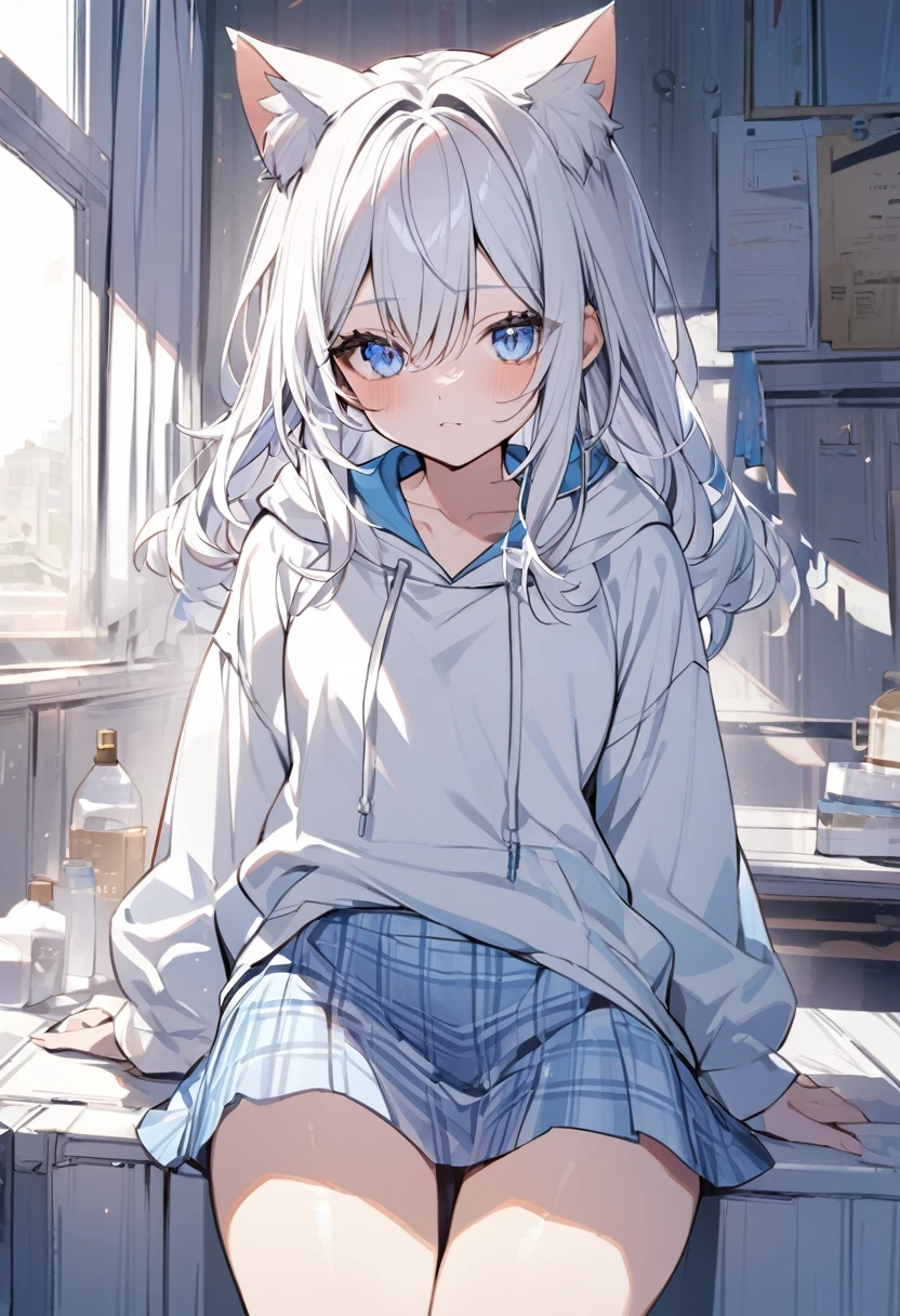 One Girl，White Hair，Fair skin，Light blue eyes，Cat ear，White hoodie，Light blue checked skirt