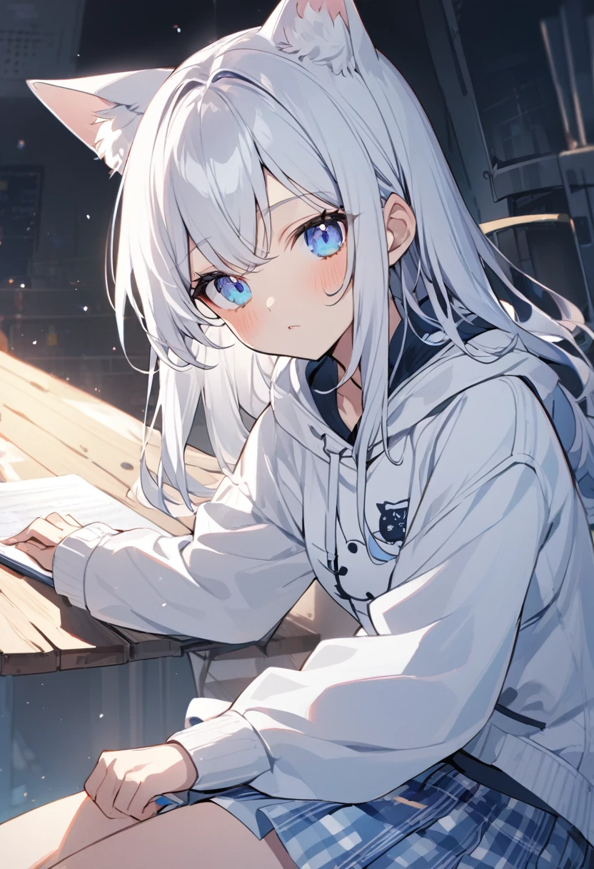 One Girl，White Hair，Fair skin，Light blue eyes，Cat ear，White hoodie，Light blue checked skirt