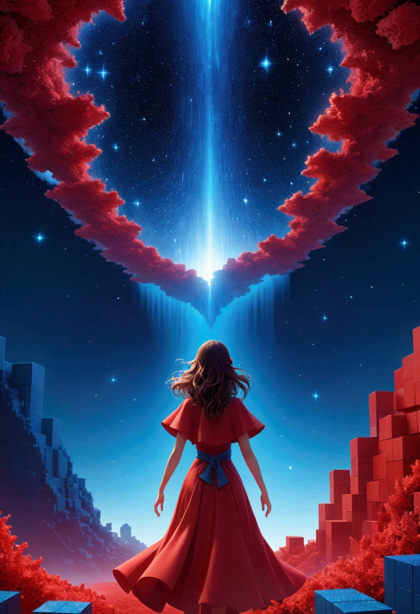 night，Beautiful girl with blue gradient dissolving pixels, 3D Voxel Blocks, A structure that was initially intact but gradually disintegrated in the air, Starry Sky，fantasy，magic，mystery，illusory，Dreamy，Inverted, red symmetry, high quality，Octane Rendering，Concept map of the scene,