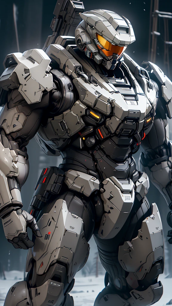 (high quality, 4K, high dynamic range) , (masterpiece, Ultra-realistic professional lighting,,Ultra-thin 8K,1 person,Full body gray benzene heavy armor suit,Detailed Master Chief helmet,male,Snow is falling all around,ruins,End of the World,Upper Body,Transporting food