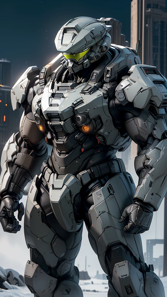 (high quality, 4K, high dynamic range) , (masterpiece, Ultra-realistic professional lighting,,Ultra-thin 8K,1 person,Full body gray benzene heavy armor suit,Detailed Master Chief helmet,male,Snow is falling all around,ruins,End of the World,Upper Body,Transporting food