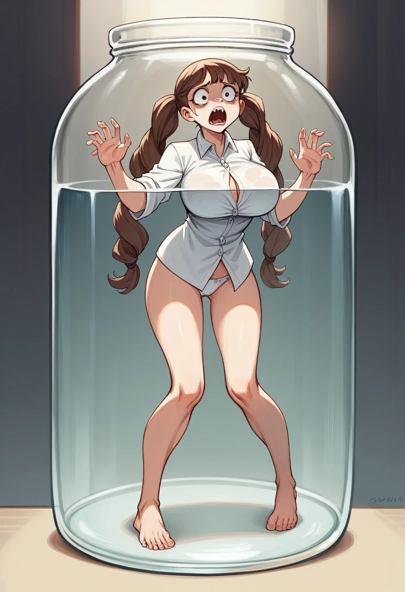 artwork, Attention to details, beautiful girl , big breasts, long spiky brown hair with pigtails and black eyes, with  uniform, White shirt, scary face, scared, bare legs, white panties, breasts hitting glass, standing, whole body, barefoot, trapped inside a transparent glass jar, waxed inside, inside the jar, whole body en el frasco, sentada inside the jar, barefoot, trapped in the jar.